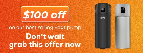 Promotional offer showing 100 dollar discount on heat pump hot water systems with two units displayed