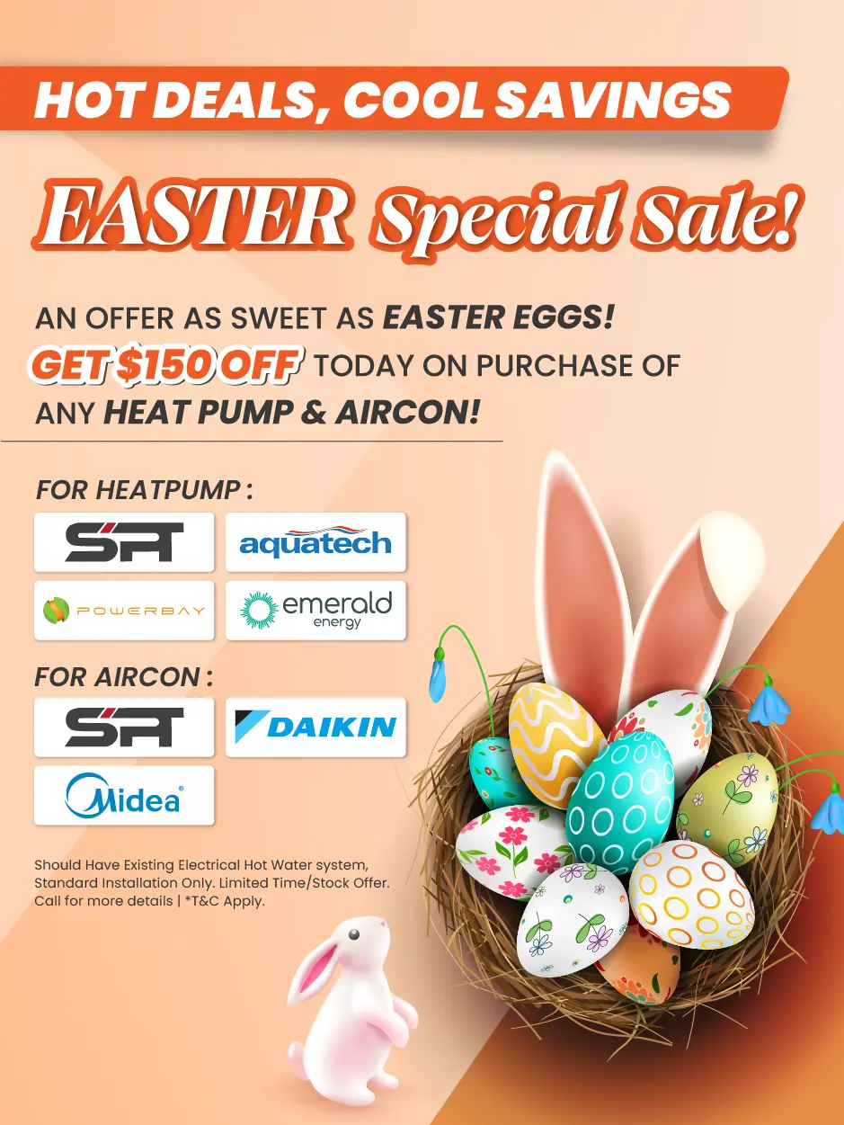 Festive mobile banner for an Easter sale, displaying colorful eggs and spring motifs, inviting customers to enjoy special deals on Heat Pump and Aircon system