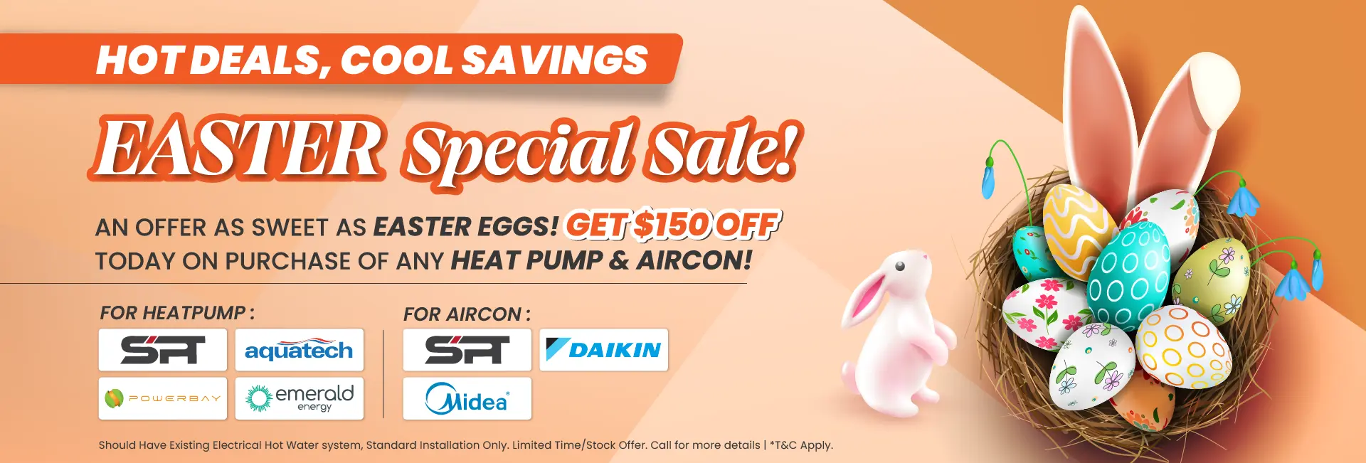 Festive banner for an Easter sale, displaying colorful eggs and spring motifs, inviting customers to enjoy special deals on Heat pump and Aircon system