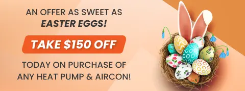 Easter mobile themed sale advertisement with decorated eggs and spring flowers, highlighting special offers on Heat pump and Aircon system