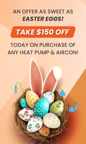 Bright Easter-themed sale advertisement with decorated eggs and spring flowers, highlighting special offers on Heat pump and Aircon system
