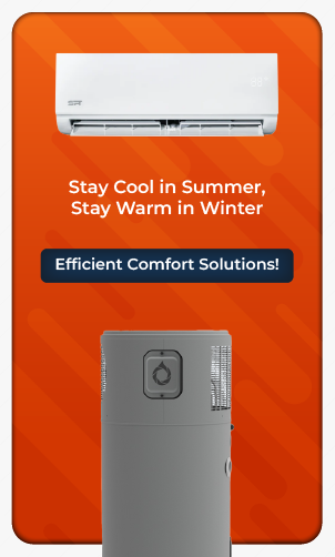 Bright Easter-themed sale advertisement with decorated eggs and spring flowers, highlighting special offers on Heat pump and Aircon system