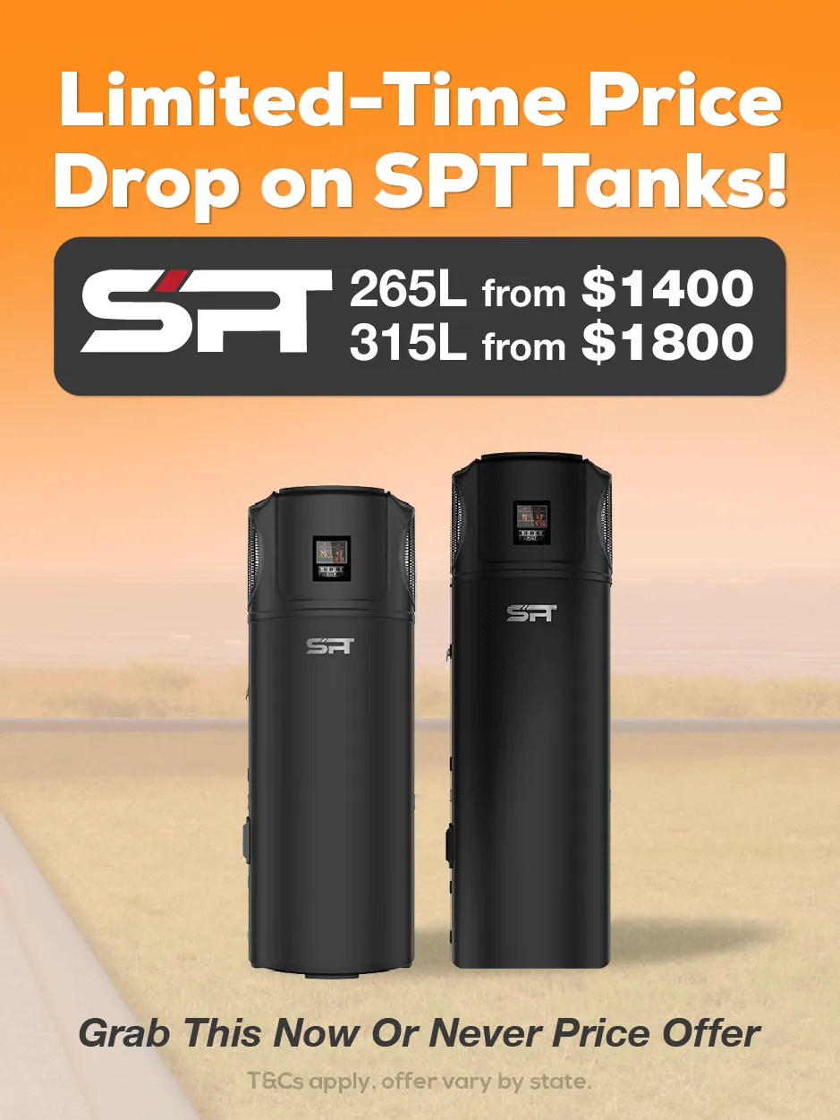 Two black water tanks displaying "Limited Time Price" offer on SPT Heat Pump mobile.