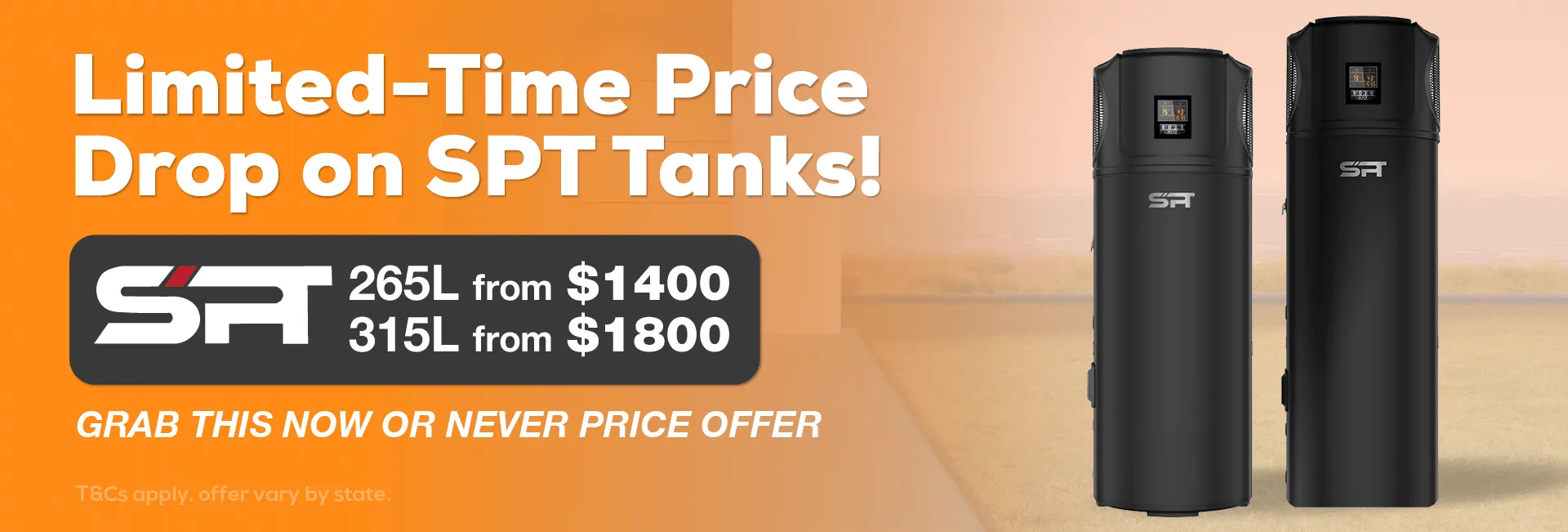 Two black water tanks displaying "Limited Time Price" offer on SPT Heat Pump desktop.