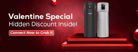 Valentine Special heat pump hot water system banner with hidden discount offer, featuring red theme background, energy-efficient heat pumps, and “Connect Now to Grab It” call-to-action button.