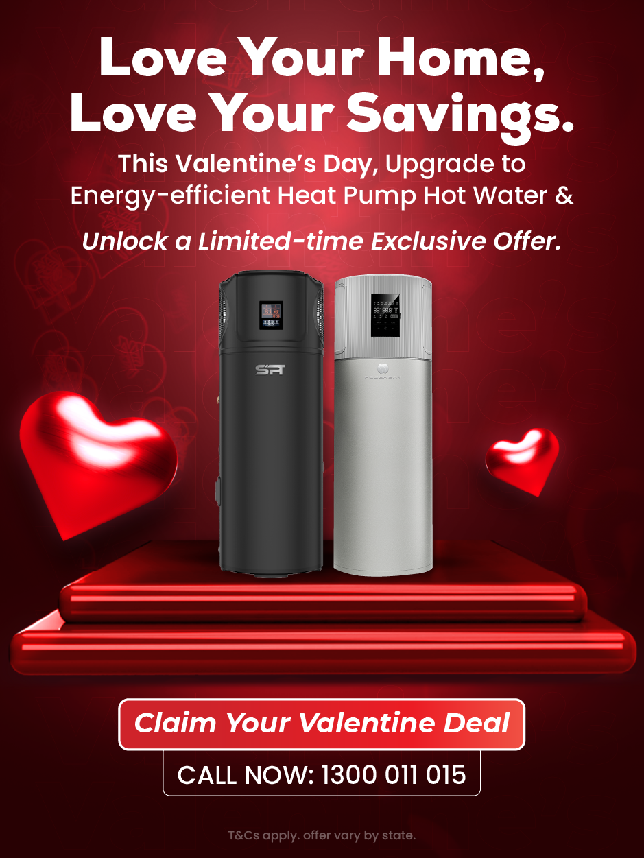 Valentine’s Day heat pump hot water system offer banner with red and white theme, showcasing energy-efficient heat pumps and limited-time Valentine deal call-to-action.