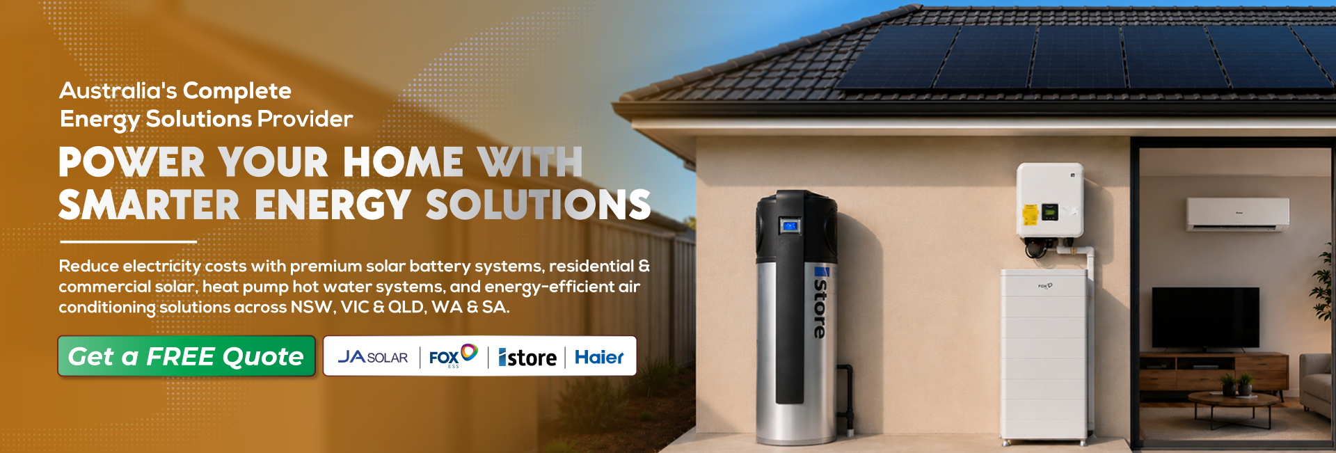 Modern Australian home with rooftop solar panels, heat pump hot water system, solar battery, inverter and air conditioner showcasing complete home energy solutions.