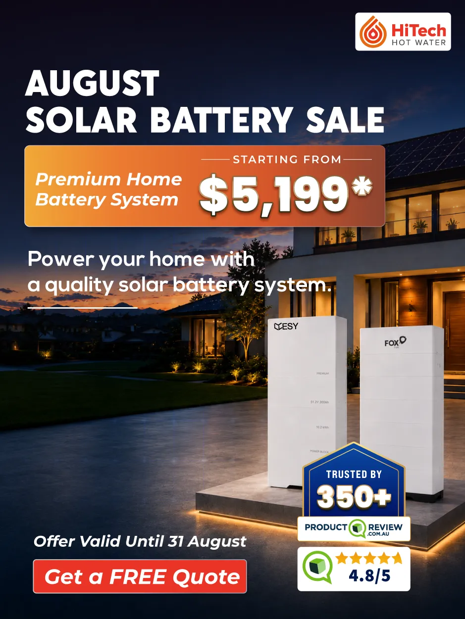 Promotional banner for August solar battery sale featuring discounts and product images.