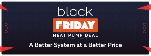 Promotional image for a heat pump deal on Black Friday, emphasizing savings and product features