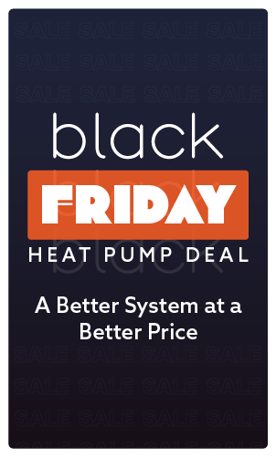 Promotional image for a heat pump deal on Black Friday, emphasizing savings and product features