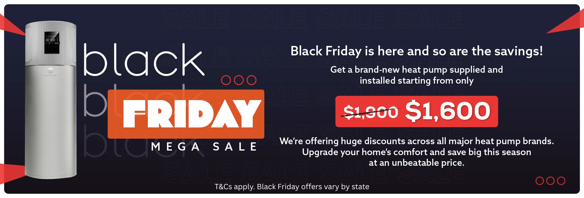 Black Friday sale banner featuring bold text and festive graphics promoting discounts and special offers.