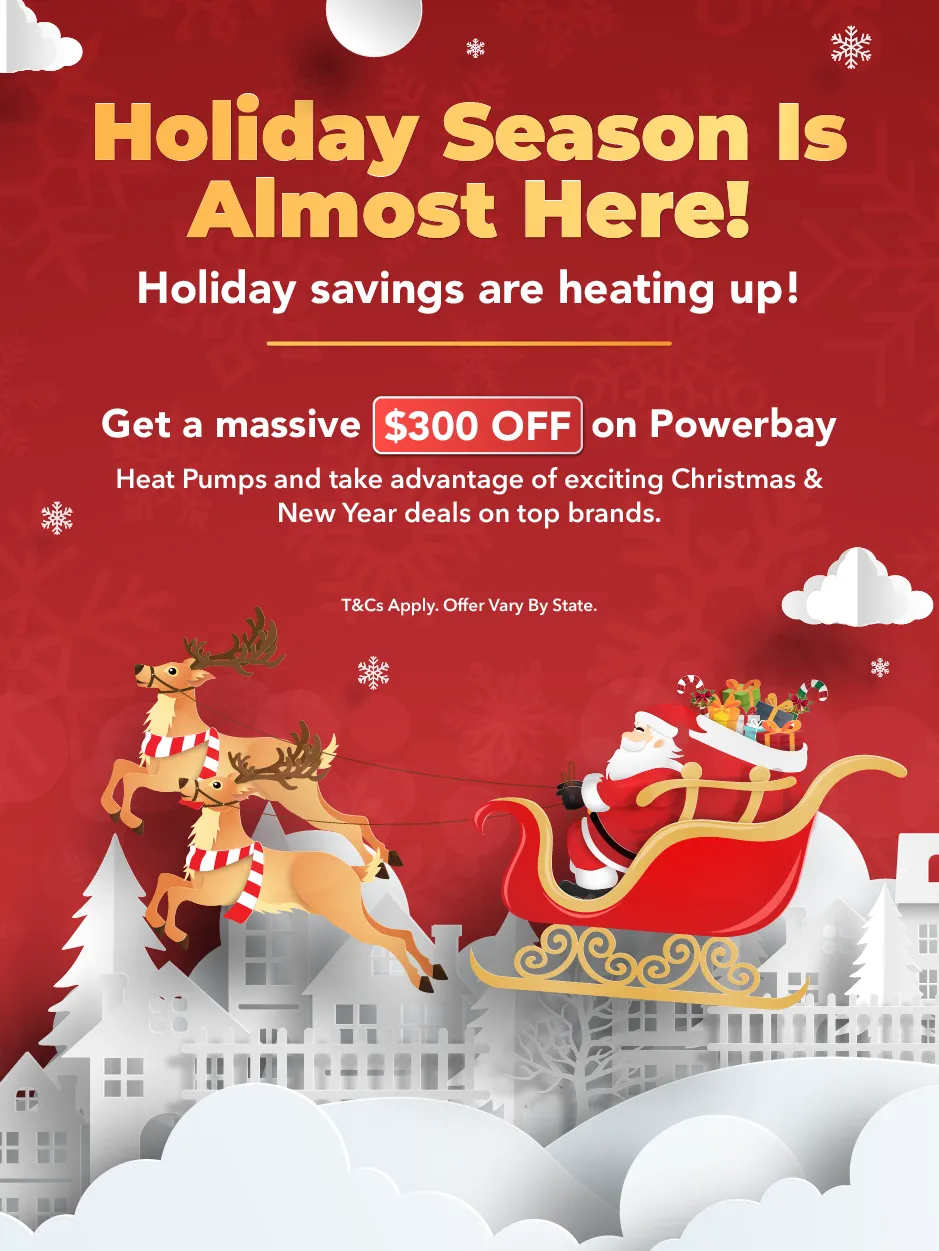 A cozy scene with holiday decorations and christmas offer on Hot water Heat Pump