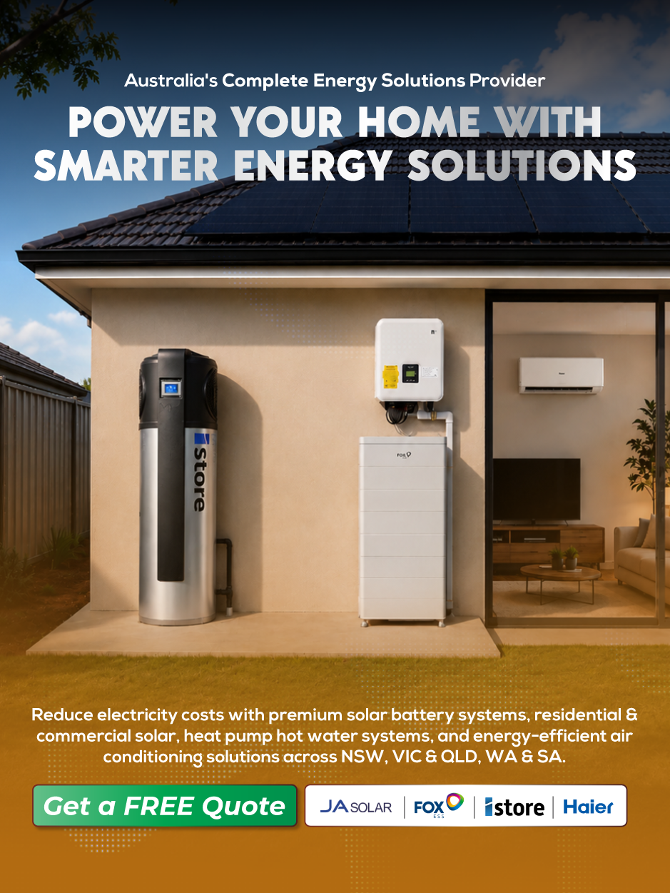 Australian home featuring rooftop solar panels, heat pump hot water system, wall-mounted inverter, solar battery storage and air conditioner for energy-efficient living.