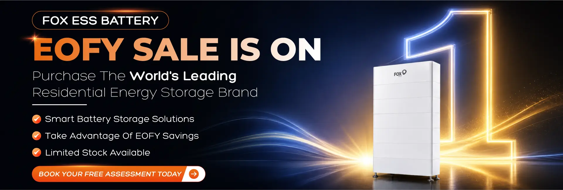Fox ESS Battery EOFY Sale web banner showcasing residential battery storage system with limited stock and EOFY savings offer.