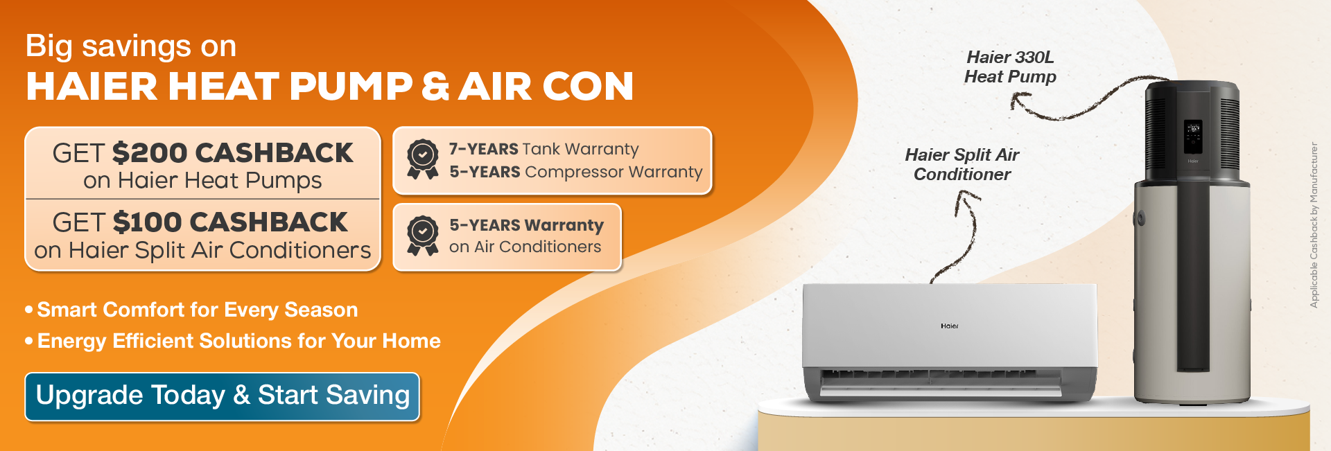 Haier heat pump and split air conditioner offer banner showing cashback deals, warranty details, and energy-efficient home cooling and heating solutions