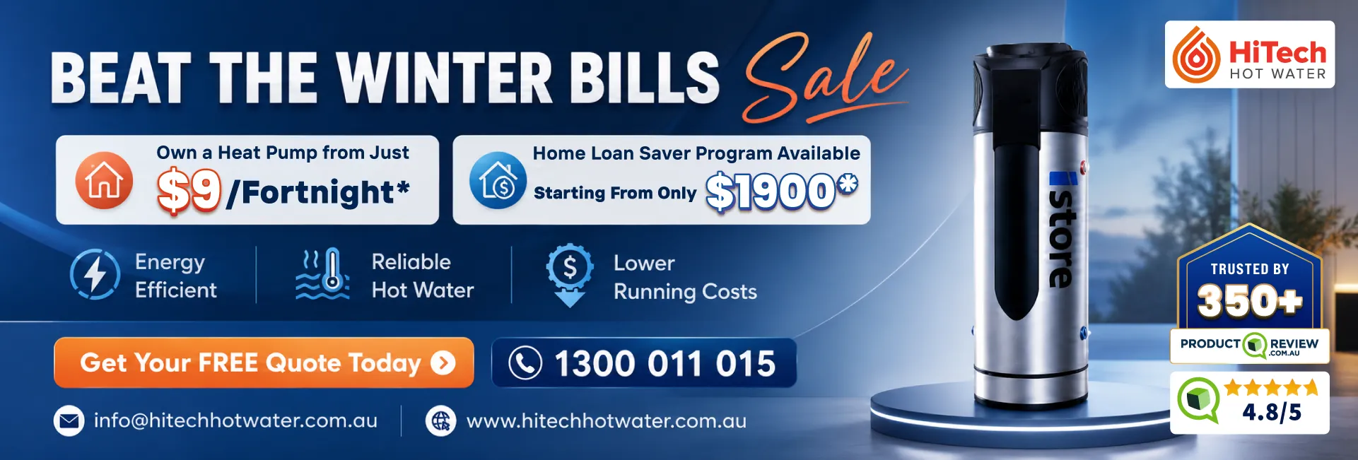 A water heater featuring the slogan "Beat the Winter Bills" to promote energy efficiency during winte