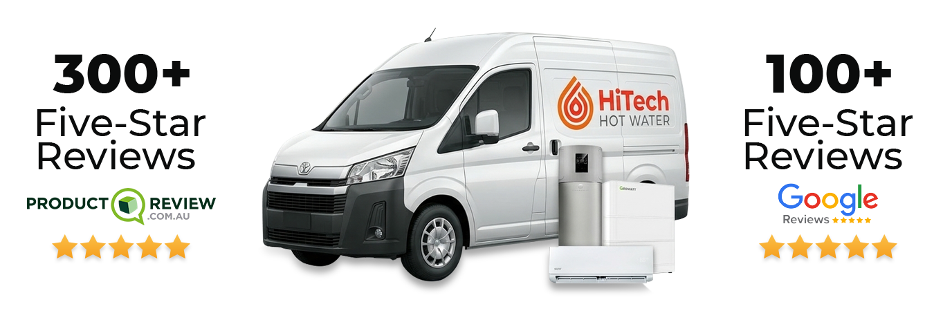 HiTech Hot Water service van with heat pump systems highlighting 300+ ProductReview and 100+ Google five-star customer reviews across Australia.