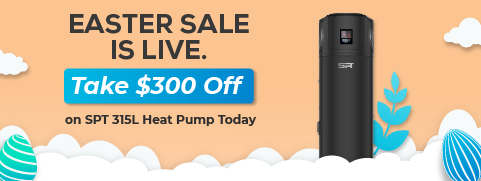 Easter sale banner offering $300 off SPT 315L heat pump hot water system