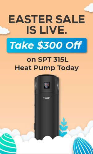 Easter sale banner offering $300 off SPT 315L heat pump hot water system