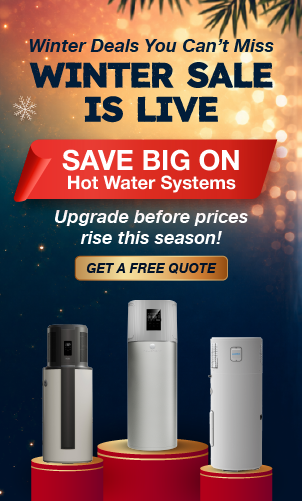Winter sale promotion for heat pump hot water systems with upgrade offers and free quote CTA for Australian homeowners.