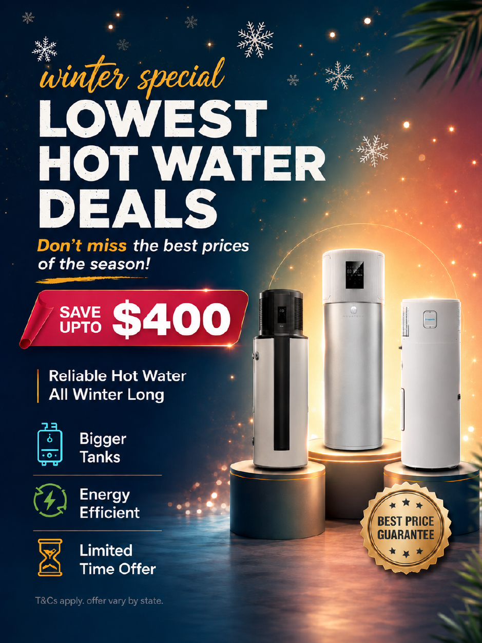 Winter special hot water deals mobile banner featuring energy-efficient heat pump hot water systems with up to $400 savings and reliable hot water all winter long.