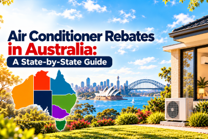 Air conditioner rebates in Australia state-by-state guide with a split-system air conditioner and Australian map.