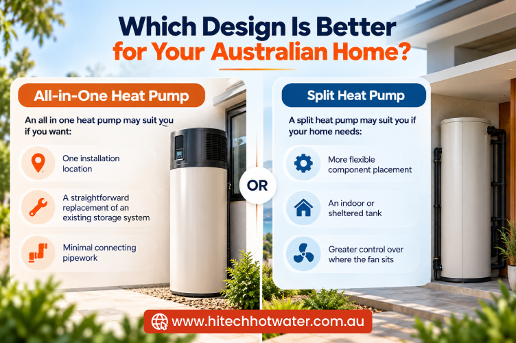 Comparison of all-in-one and split heat pump hot water systems for Australian homes, highlighting installation location, replacement simplicity, component placement and system flexibility.