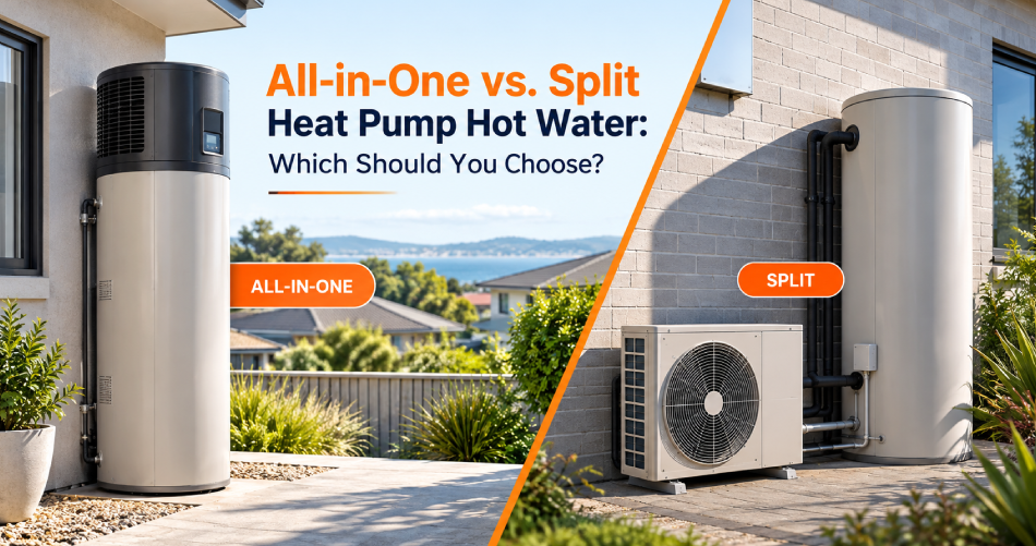 Comparison of all-in-one and split heat pump hot water systems, showing both systems installed at modern Australian homes.