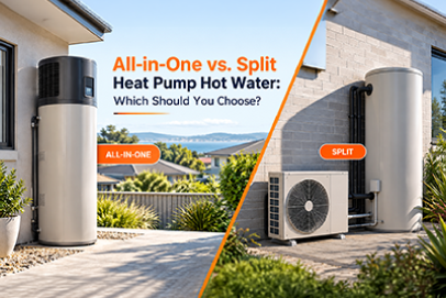 All-in-one and split heat pump hot water systems compared side by side, showing their different outdoor tank and heat pump configurations for Australian homes.