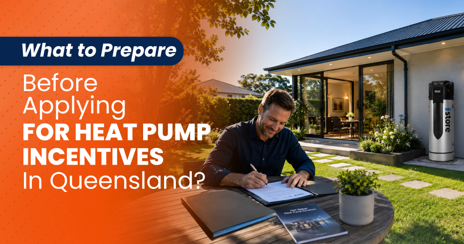 Homeowner completing paperwork before applying for Queensland heat pump incentives with an energy-efficient heat pump hot water system installed at a modern Australian home.