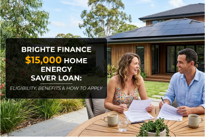 Australian homeowners reviewing finance documents outside a solar-powered home, representing the Brighte $15,000 Home Energy Saver Loan for energy-efficient home upgrades.