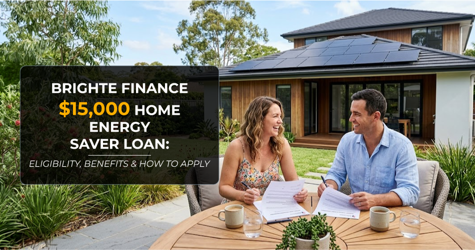 Couple discussing finance paperwork at a solar-powered Australian homae, illustrating the Brighte $15,000 Home Energy Saver Loan for eligible energy-efficient upgrades.