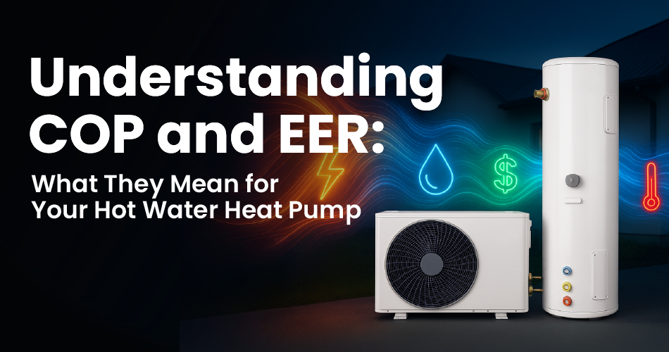 A hot water heat pump system is shown under the title "Understanding COP and EER: What They Mean for Your Hot Water Heat Pump