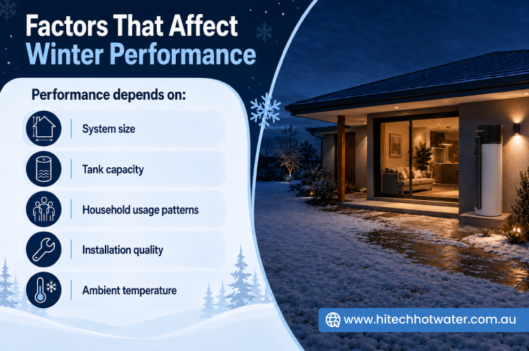 Heat pump hot water system beside a modern Australian home showing the key factors that influence winter hot water performance and efficiency.