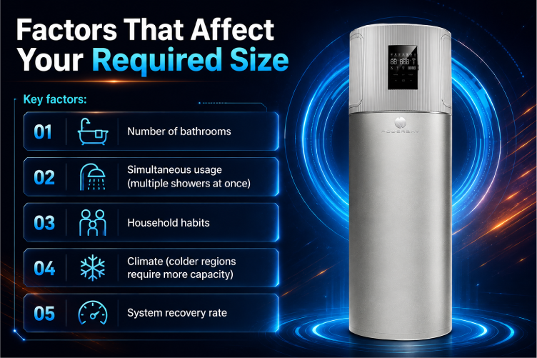 Key factors affecting required hot water system size including bathrooms usage habits climate and recovery rate
