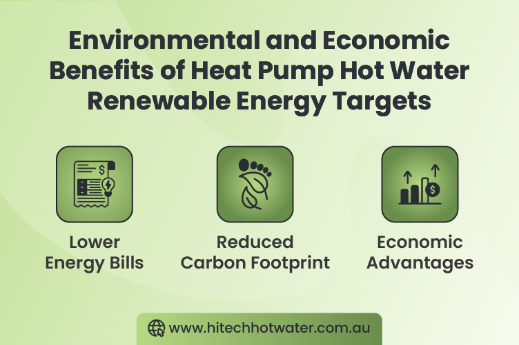 Infographic image the environmental and economic benefits of heat pump hot water systems for renewable energy targets.