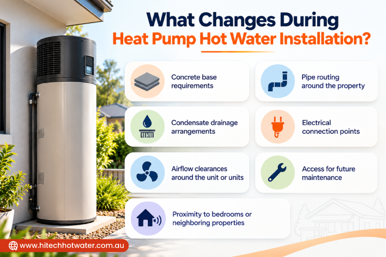 Infographic showing key changes and considerations during heat pump hot water installation, including concrete base, pipe routing, condensate drainage, electrical connections, airflow clearances and maintenance access.
