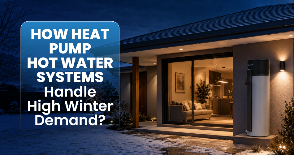 Modern Australian home with an outdoor heat pump hot water system on a snowy winter evening, representing dependable hot water performance during high winter demand.