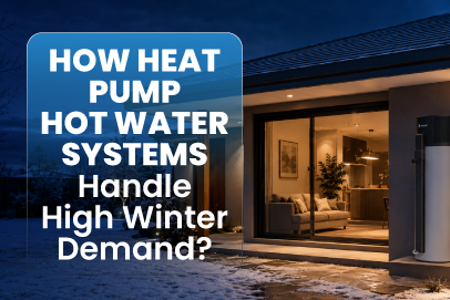 Modern Australian home with a heat pump hot water system installed outdoors during winter, illustrating reliable hot water performance in cold weather.
