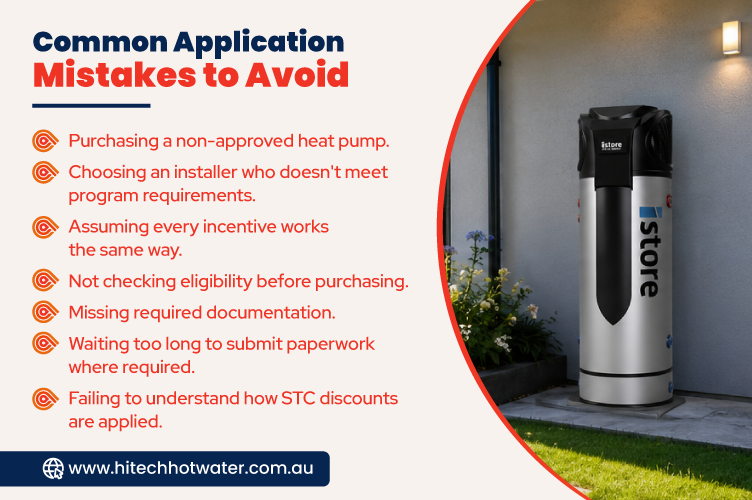 Infographic showing common mistakes to avoid when applying for Queensland heat pump rebates, including eligibility, installer requirements, documentation, and STC discounts.