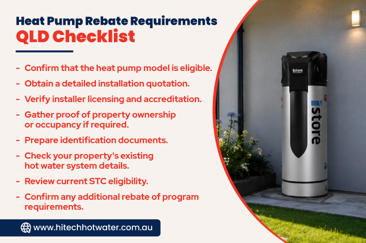Queensland heat pump rebate checklist outlining eligible systems, installer accreditation, property ownership documents, installation quotes, and STC eligibility requirements.