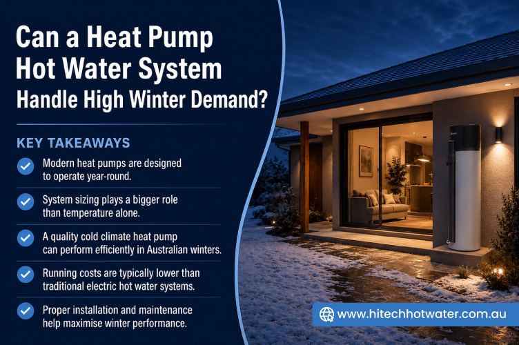 Heat pump hot water system installed beside a modern Australian home in winter with key information highlighting year-round efficiency and reliable hot water performance.