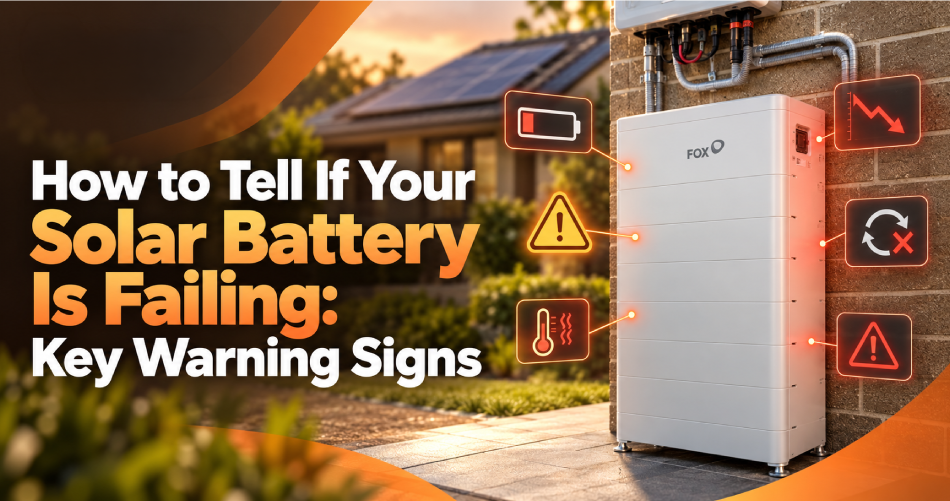 Solar battery installed beside a home with rooftop solar panels, featuring warning symbols to illustrate common signs of solar battery failure.