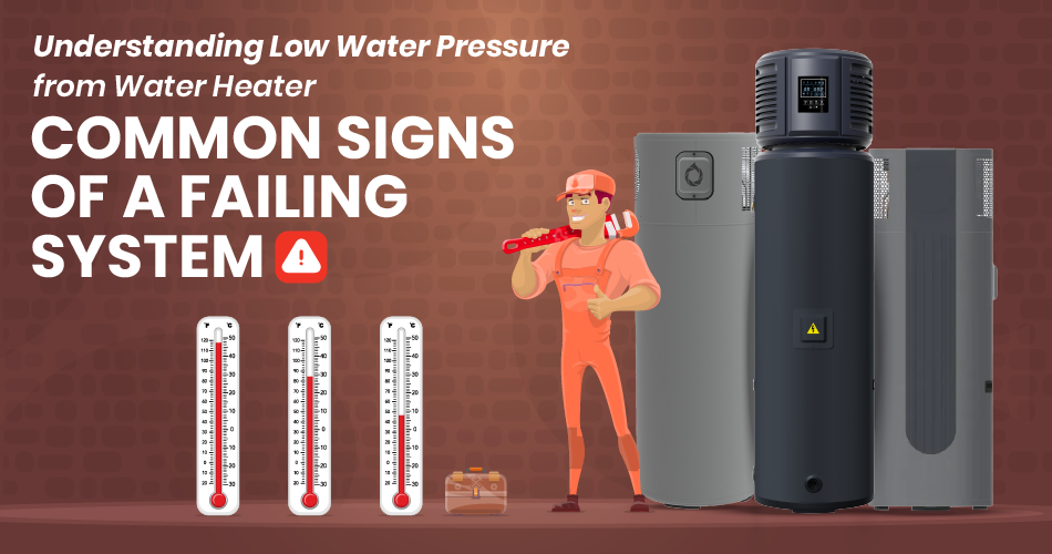 A plumber stands next to different types of heat pump water heaters, pointing out common signs of a failing water heater system