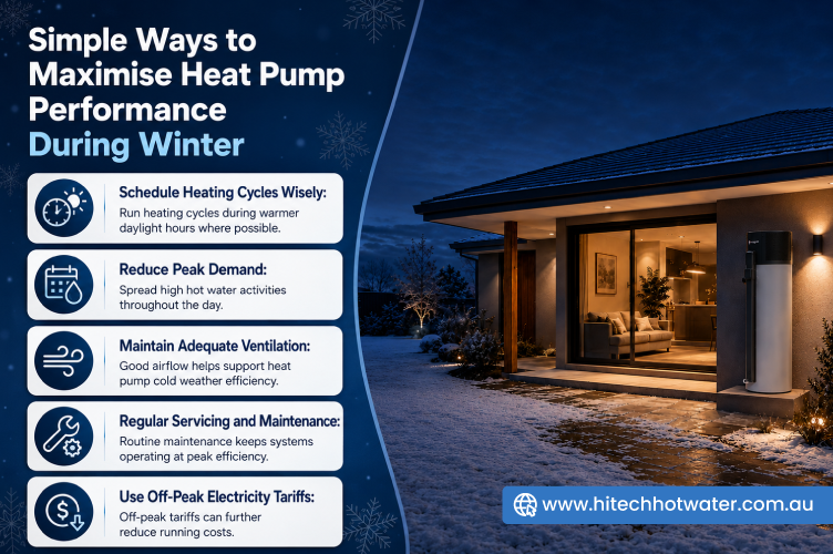 Outdoor heat pump hot water system beside a modern Australian home with practical winter maintenance and energy-saving tips for efficient operation.