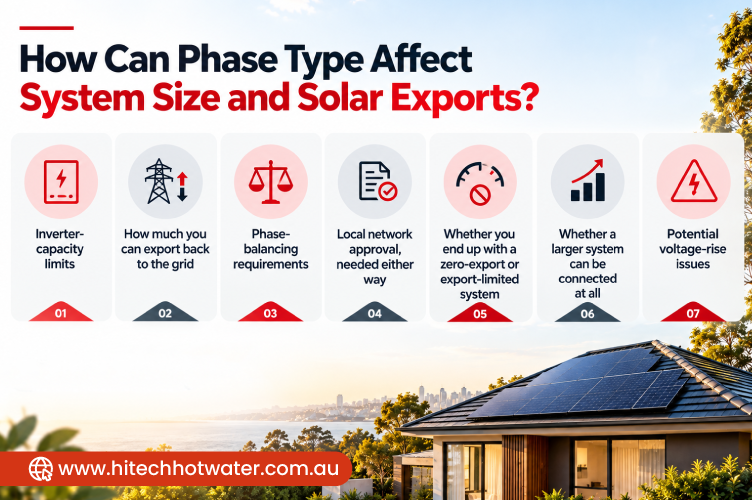 Infographic explaining how single-phase and three-phase power can affect solar system size, grid exports, phase balancing, network approval and voltage limits in Australian homes.