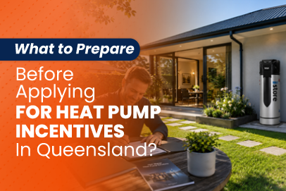 Homeowner preparing documents before applying for heat pump incentives in Queensland with an energy-efficient heat pump hot water system installed outside the home.