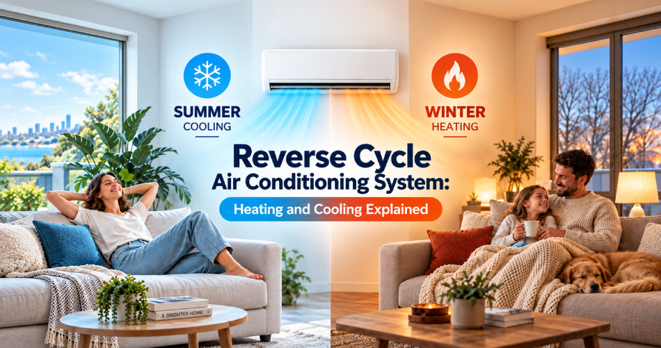 Reverse-cycle air conditioning explained for cooling in summer and heating in winter.