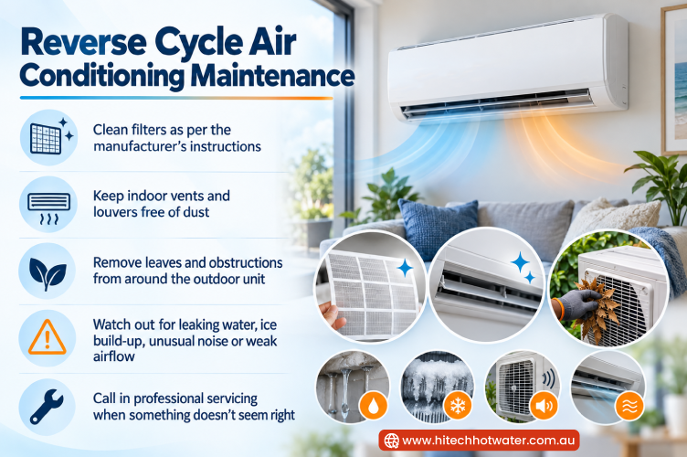 Reverse-cycle air conditioning maintenance tips covering filters, vents, outdoor units and professional servicing.