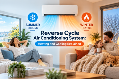 Reverse-cycle air conditioning system providing summer cooling and winter heating.